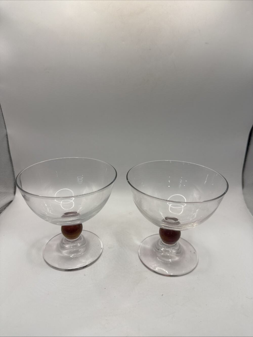 Vintage Clear Glass Footed Sherbet Dessert Cups Amber Ball Stem Set of 2 *